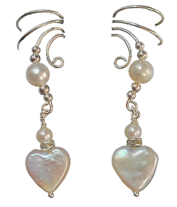 Ear Charms White Heart Pearls with Crystal Accent Non-pierced Ear Cuff Earrings